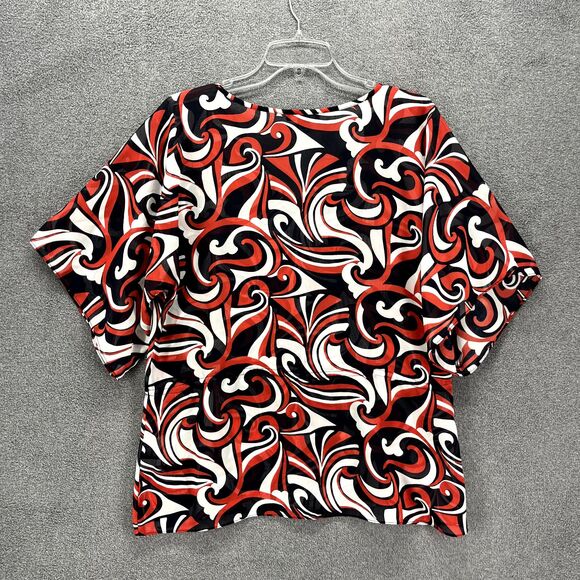 Chaps‎ Top Womens Large Black Red White Short Sleeve Sheer V Neck Blouse - Picture 2 of 14